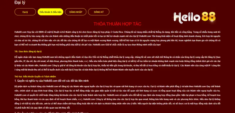 Các điều khoản đại lý của Hello88 rõ ràng